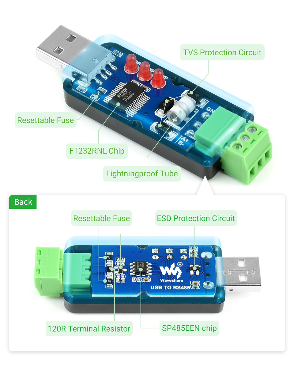Chips FT232RNL y SP485EEN y circuitos de protección