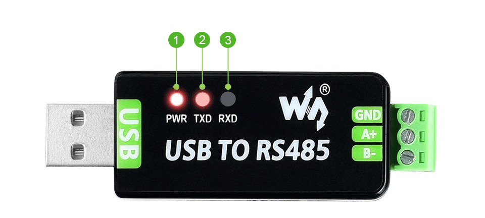 LED indicadores PWR, TXD y RXD